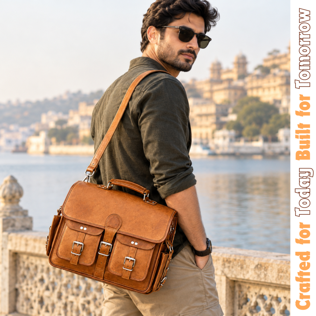 Bunkar handmade leather messenger bag for men with 14 inch laptop compartment